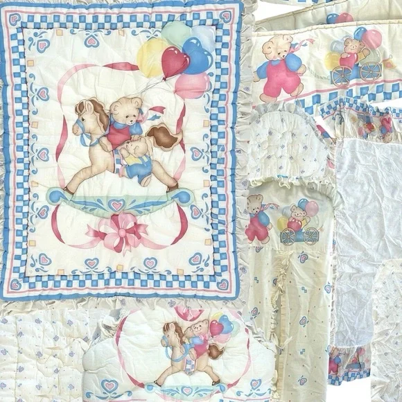 Vintage 90s Red Calliope Baby Bedding Complete Nursery SET Teddy Quilt & Accents